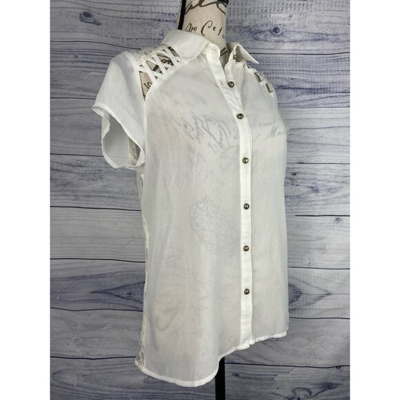 Uno Core Sheer Top Womens S Floral Lace Lattice Back Short Sleeves Collar White - Picture 4 of 10